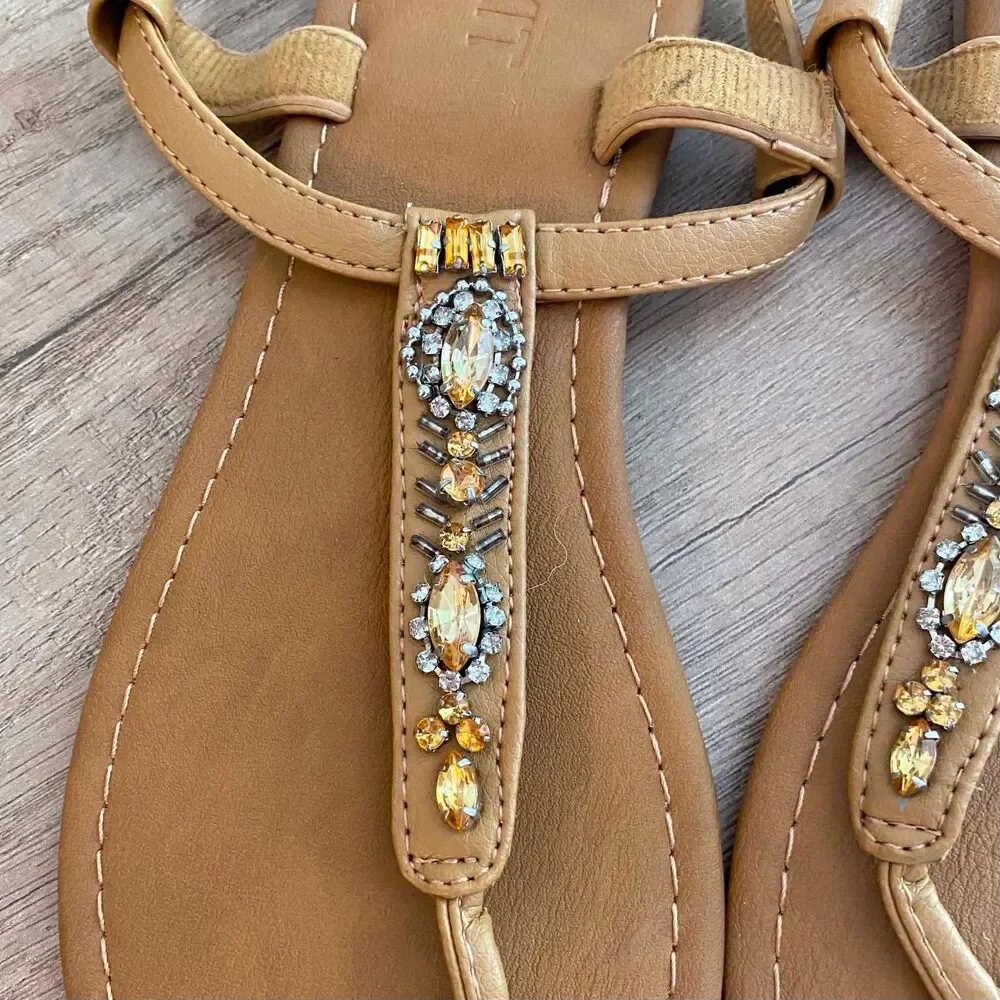 Mixit Women's Tan Embellished T-Strap Thong Sandals Size 6 Casual Comfort